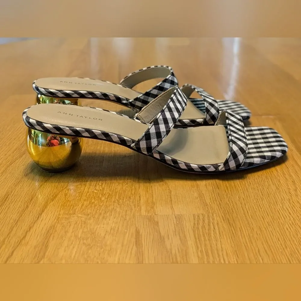 Ann Taylor Black Gingham Gold Mirror Globe Heel Size 6M